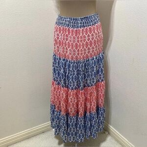 Vineyard Vines Block Print Tiered Skirt Floral Red and Blue Maxi Skirt